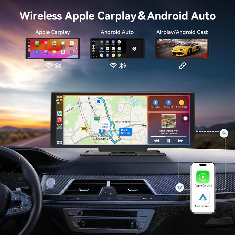 Carpeer Portable Apple Carplay Screen for Car, 10" Wireless Car Play Touchscreen with 4K Dash Cam, 1080P Backup Camera, Carplay&Android Auto, Loop Recording, GPS Navigation, Bluetooth - Image 2